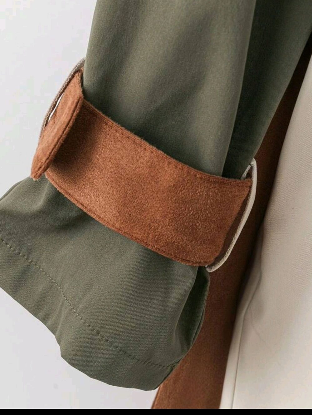Elegant Colorblock Trench Coat - Beige, Olive & Brown - Picture 3 of 7